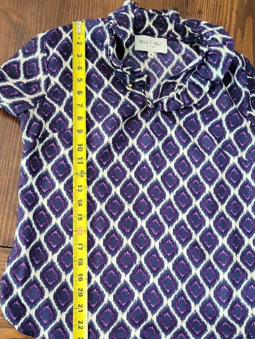 Elizabeth McKay Navy & Purple lkat Ruffle Collar Silk Blouse Sz 8, Quiet Luxury - Picture 9 of 11
